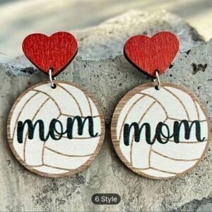 NWT- Soccer Wooden Earrings Letter Graphic “Mom” Heart Shape Stud Volleyball